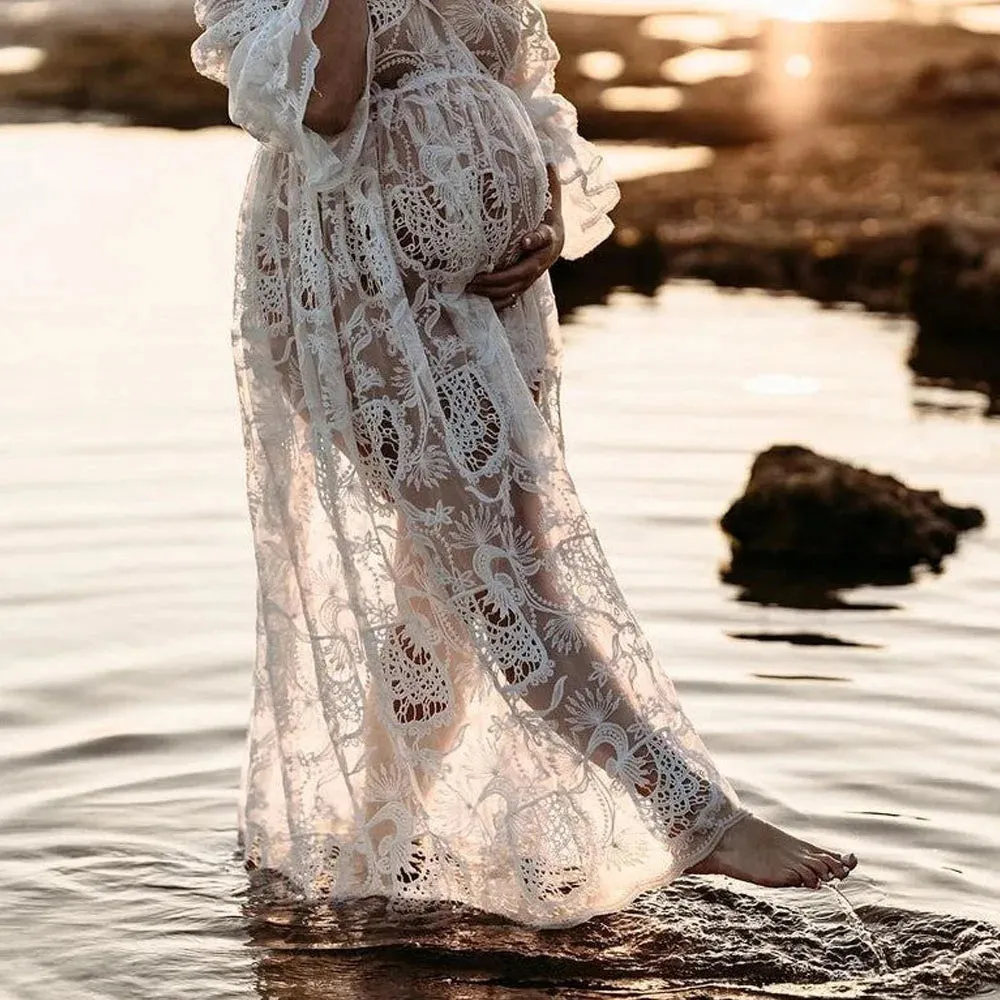 2024 Hollow Out Crochet Maternity Photoshoot Lace Dress