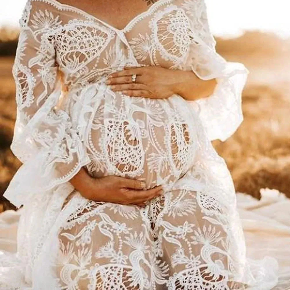 2024 Hollow Out Crochet Maternity Photoshoot Lace Dress