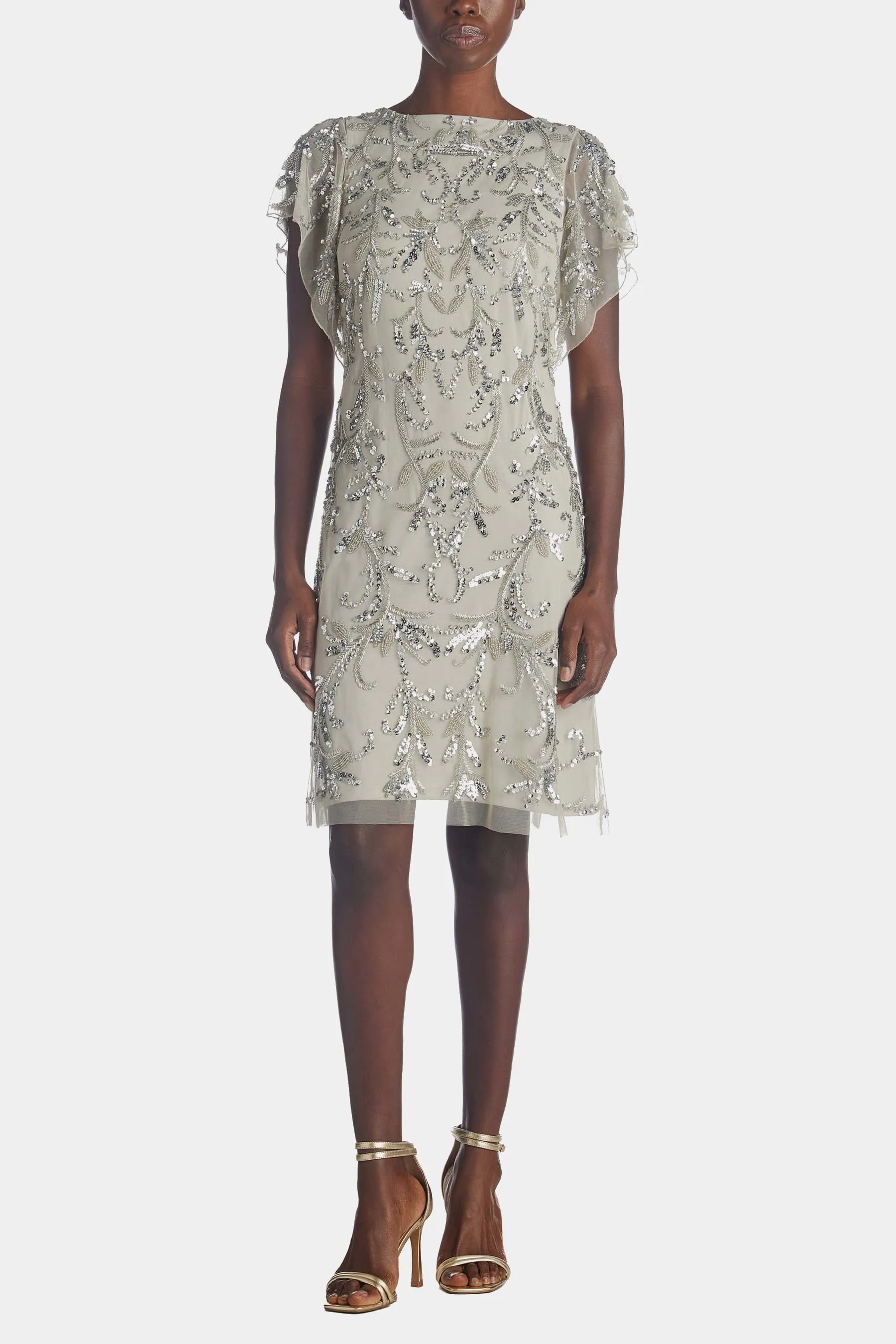 Beaded Flutter Sleeve Trapeze Dress