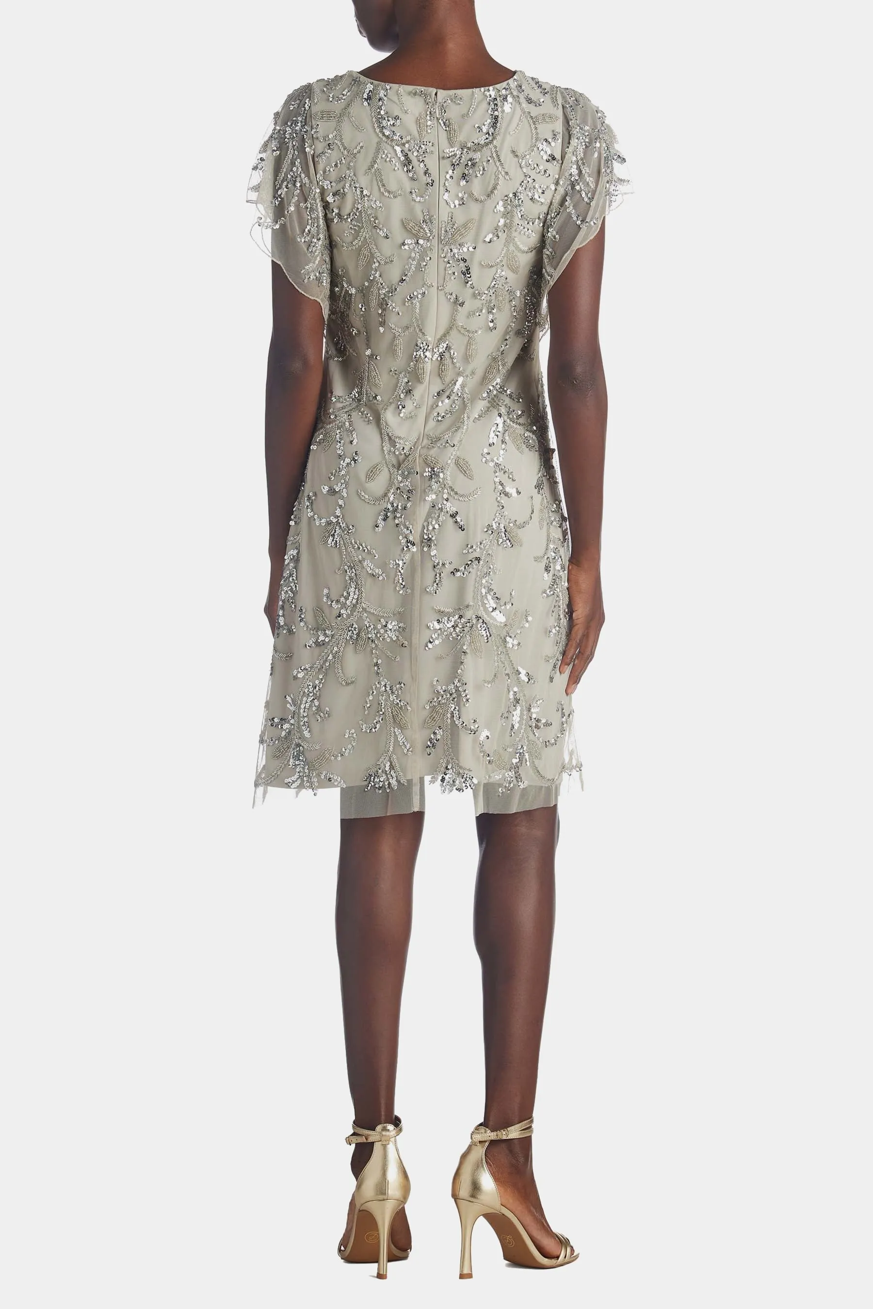 Beaded Flutter Sleeve Trapeze Dress