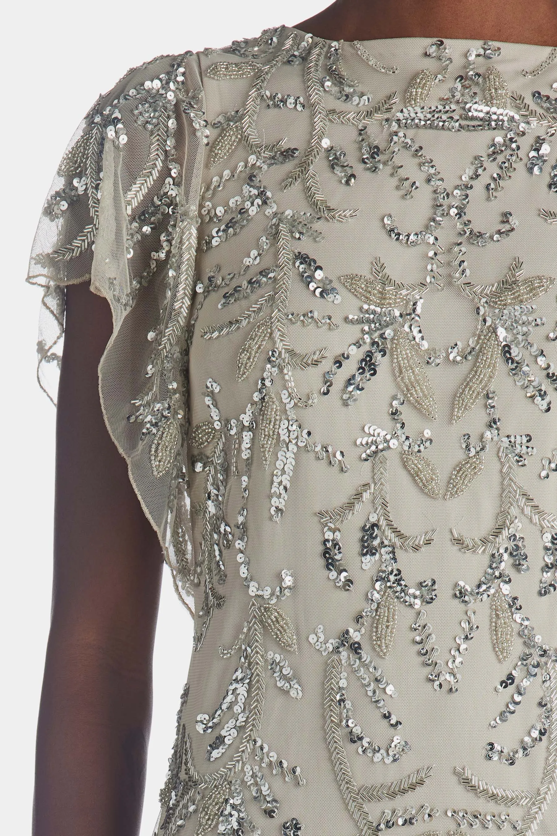 Beaded Flutter Sleeve Trapeze Dress