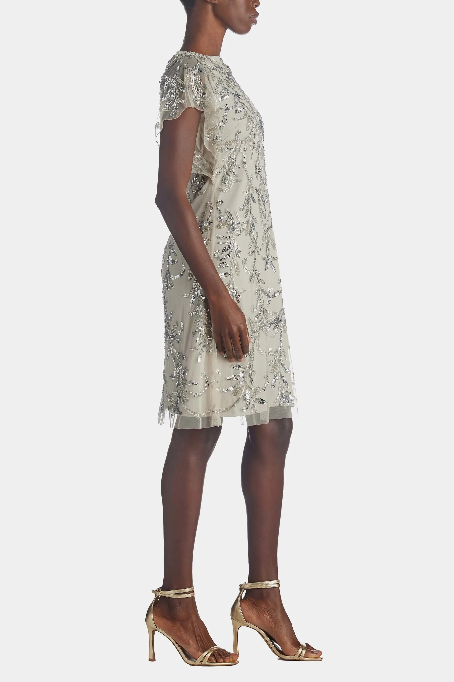 Beaded Flutter Sleeve Trapeze Dress