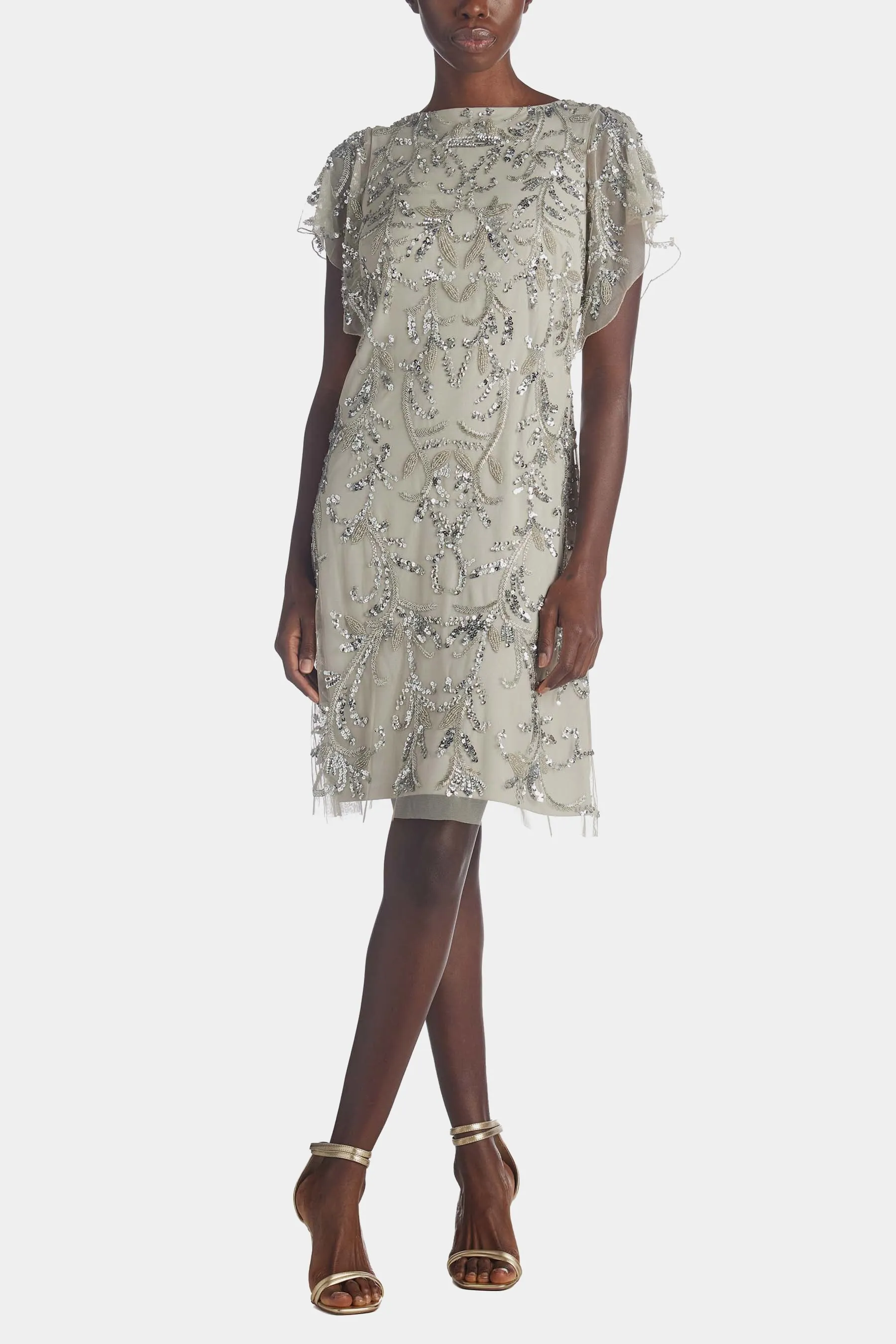 Beaded Flutter Sleeve Trapeze Dress