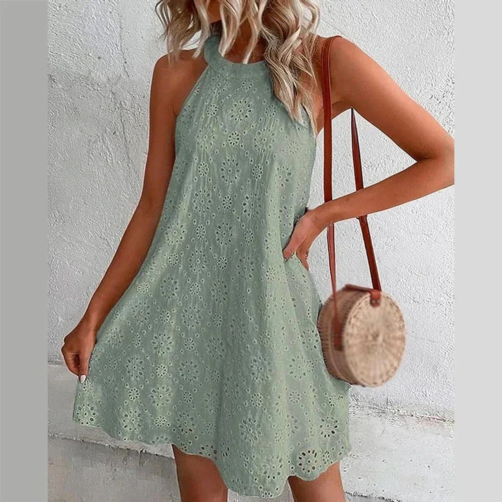 Color Summer Beach Hanging Sleeveless Casual Lace Solid Neck Dress