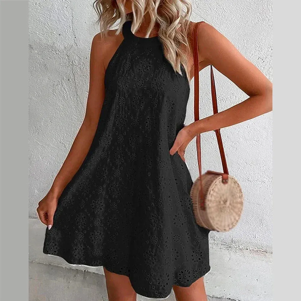 Color Summer Beach Hanging Sleeveless Casual Lace Solid Neck Dress