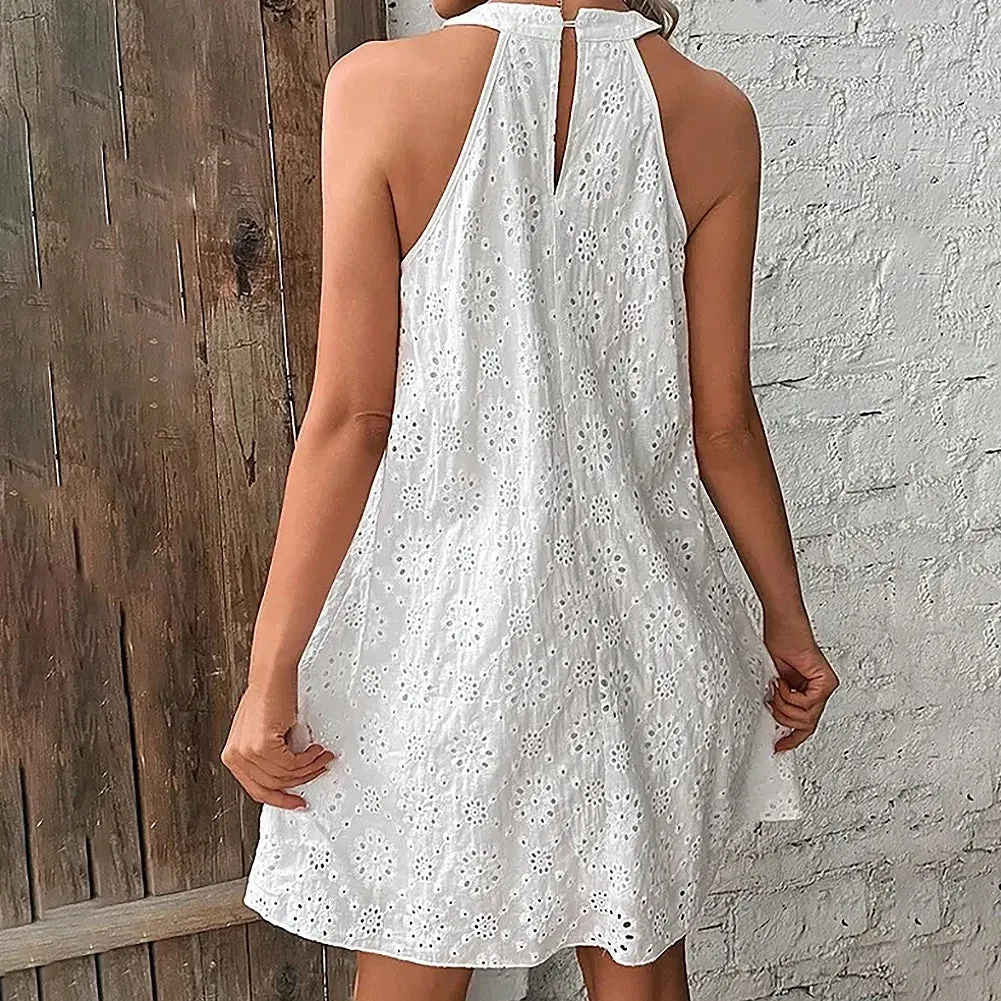 Color Summer Beach Hanging Sleeveless Casual Lace Solid Neck Dress