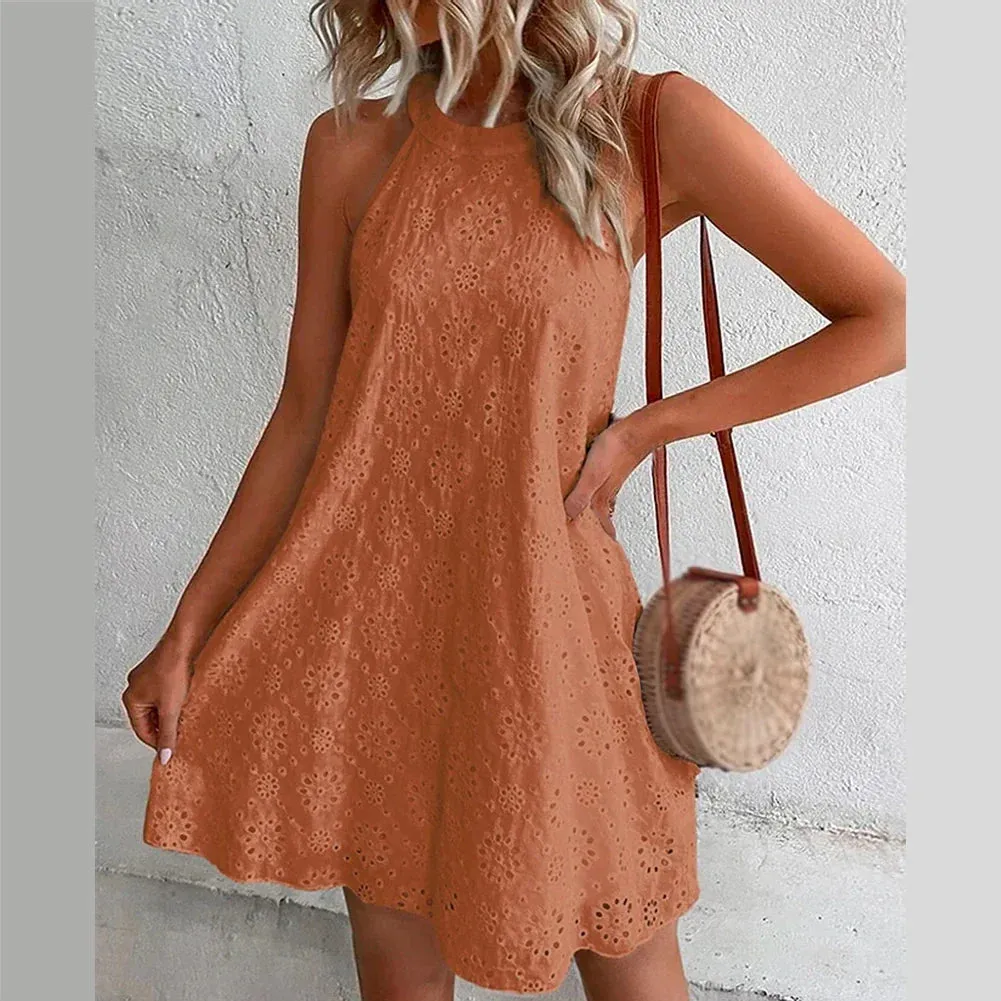 Color Summer Beach Hanging Sleeveless Casual Lace Solid Neck Dress