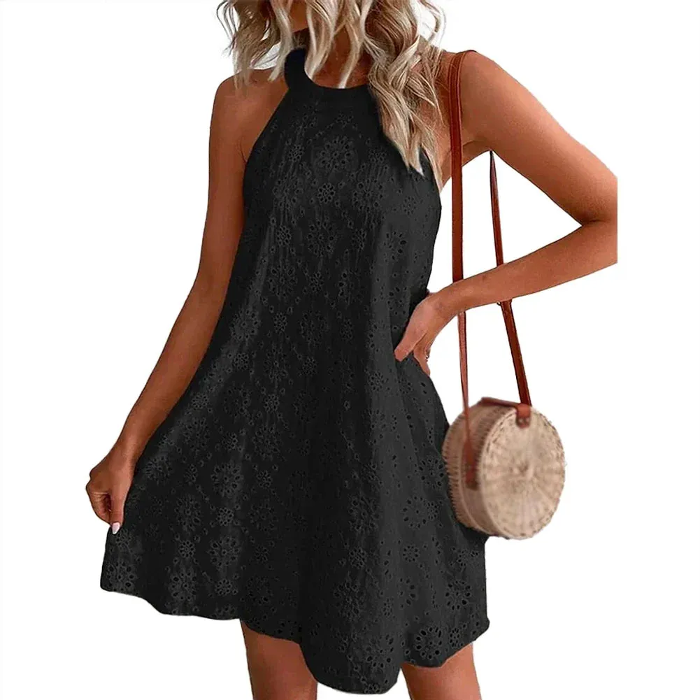 Color Summer Beach Hanging Sleeveless Casual Lace Solid Neck Dress