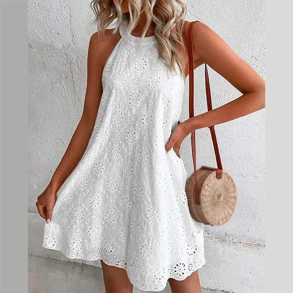 Color Summer Beach Hanging Sleeveless Casual Lace Solid Neck Dress