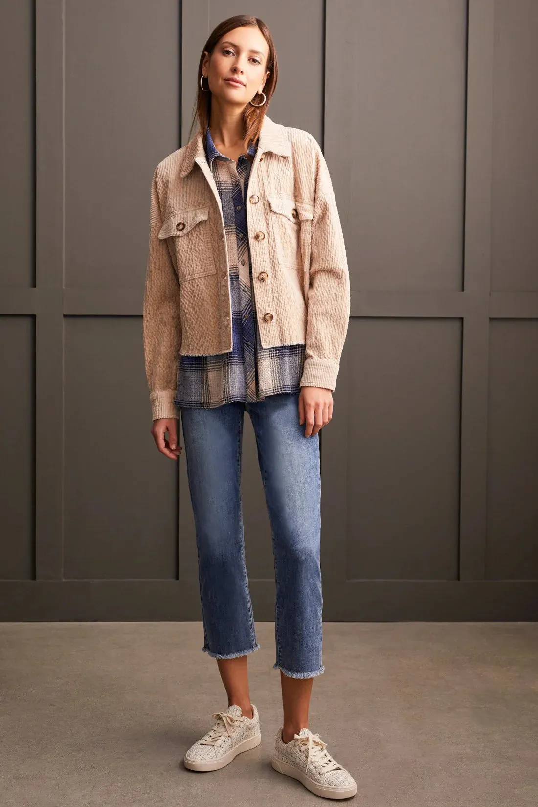Crop Denim Shacket With Pockets [Beige-5577O]