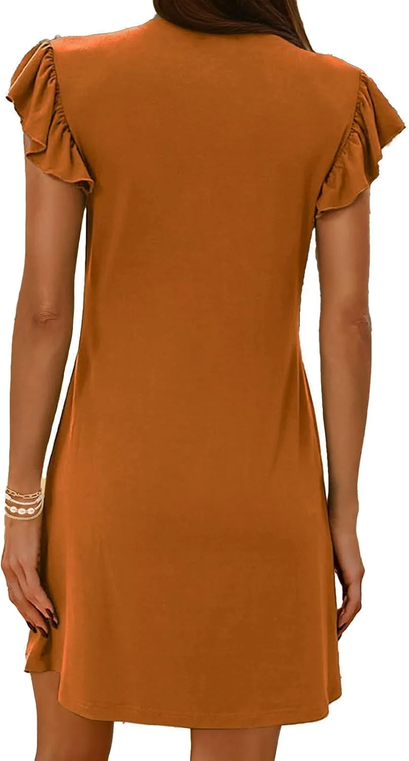 Dresses for Women 2025 Deep V Neck Loose Sundress Ruffle Sleeve Flowy Mini Dress Vacation Holiday Dresses