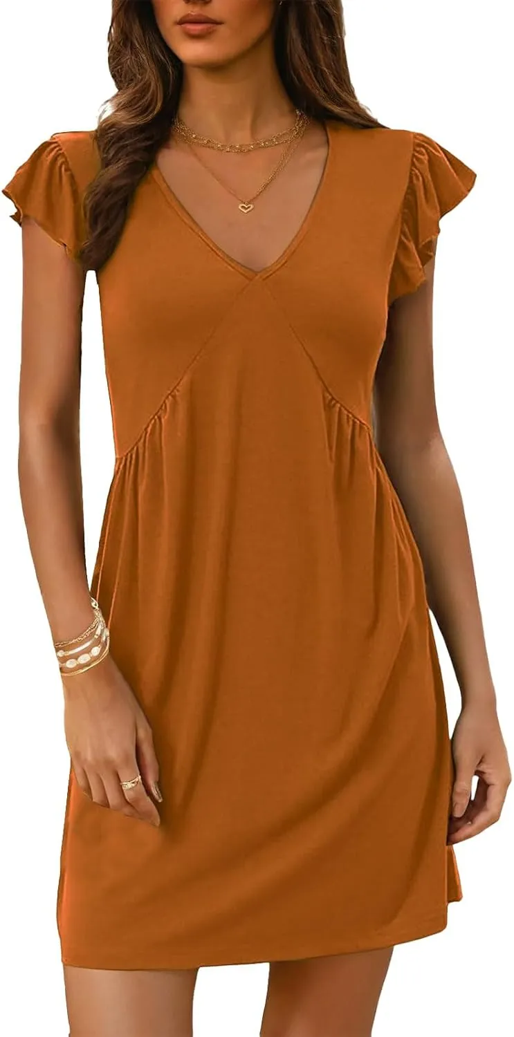 Dresses for Women 2025 Deep V Neck Loose Sundress Ruffle Sleeve Flowy Mini Dress Vacation Holiday Dresses