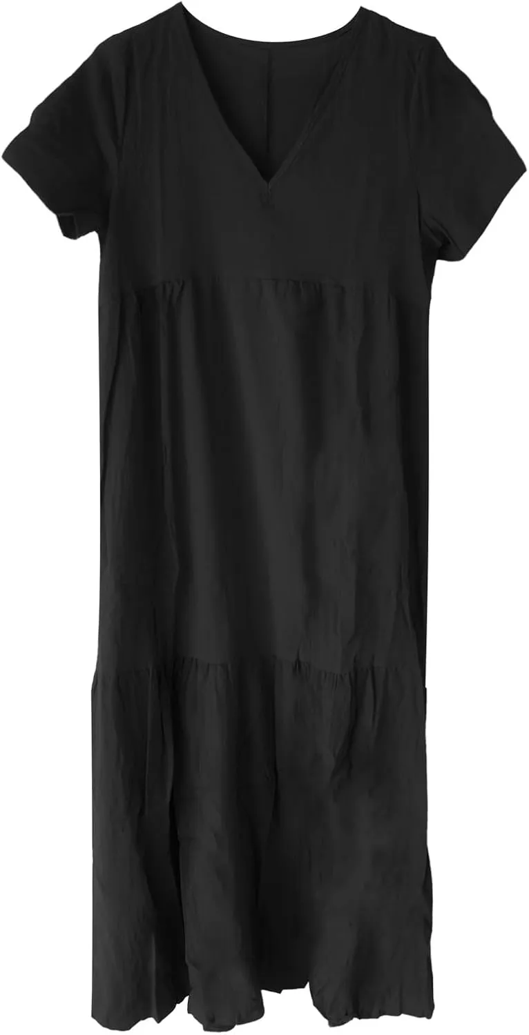 GOKKILRW Womens Oversized Baggy Flowy Maxi Dress Linen Summer Beach V Neck Casual Long Dress Plus Size Short Sleeve Dresses