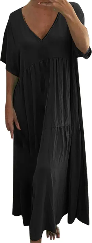 GOKKILRW Womens Oversized Baggy Flowy Maxi Dress Linen Summer Beach V Neck Casual Long Dress Plus Size Short Sleeve Dresses
