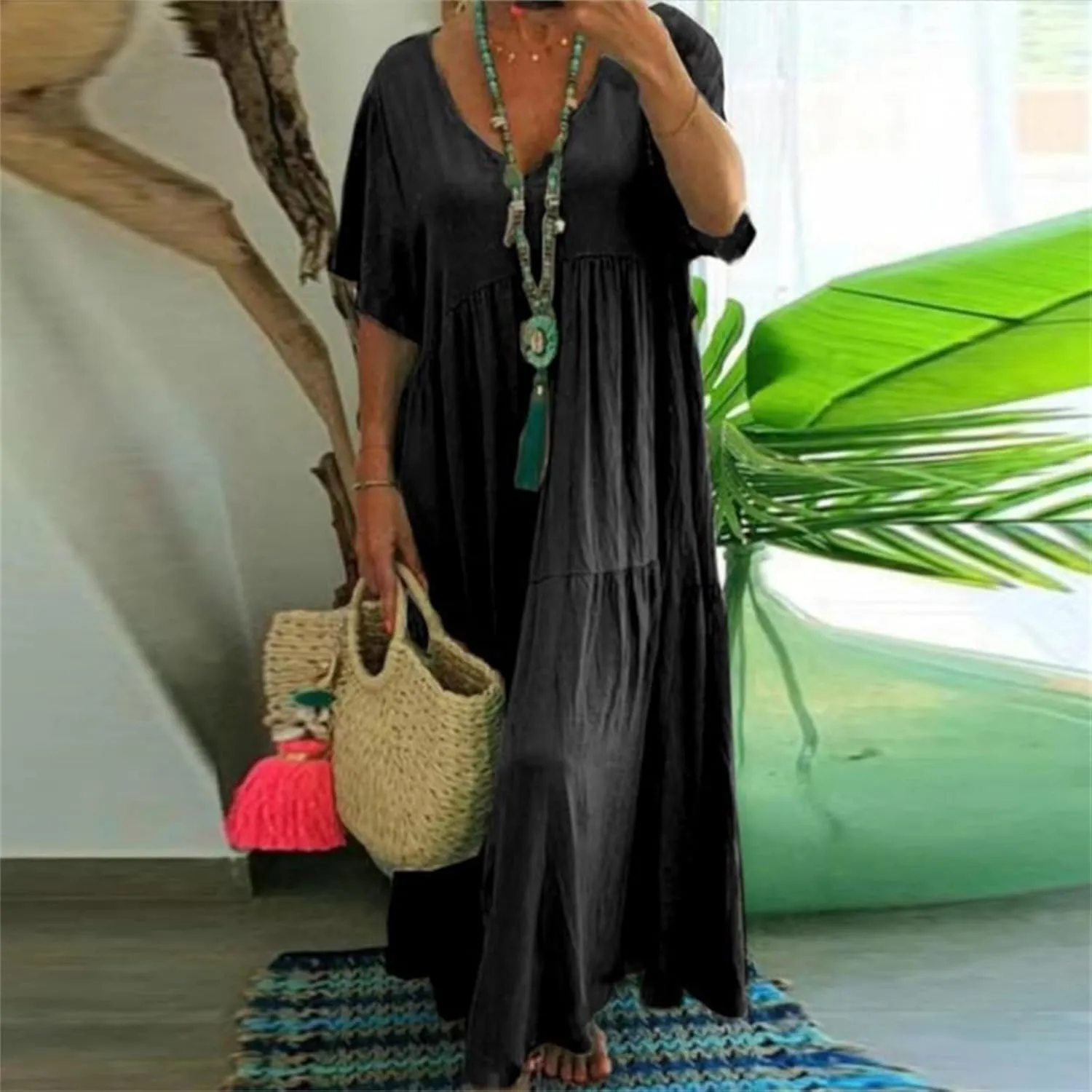 GOKKILRW Womens Oversized Baggy Flowy Maxi Dress Linen Summer Beach V Neck Casual Long Dress Plus Size Short Sleeve Dresses