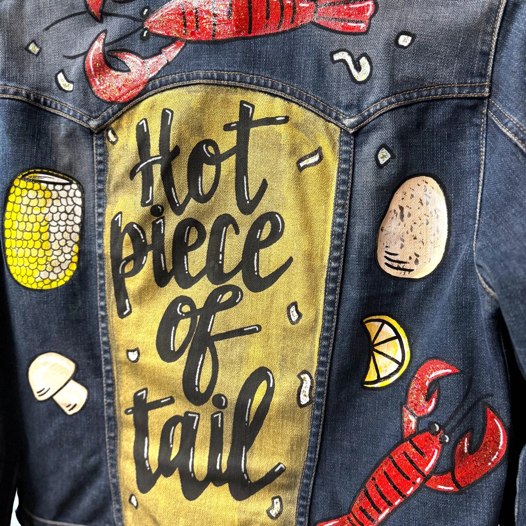 Hand Painted Jean Jacket: “Hot Piece of Tail”  - Cajun Jacket, Crawfish, Mardi Gras, Mardi Gras Jacket, New Orleans, Purple Green Gold, Mardi Gras, Parade Outfit