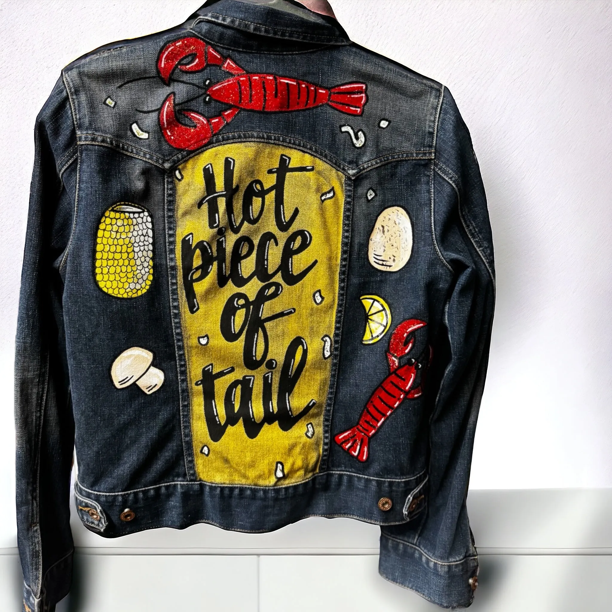 Hand Painted Jean Jacket: “Hot Piece of Tail”  - Cajun Jacket, Crawfish, Mardi Gras, Mardi Gras Jacket, New Orleans, Purple Green Gold, Mardi Gras, Parade Outfit