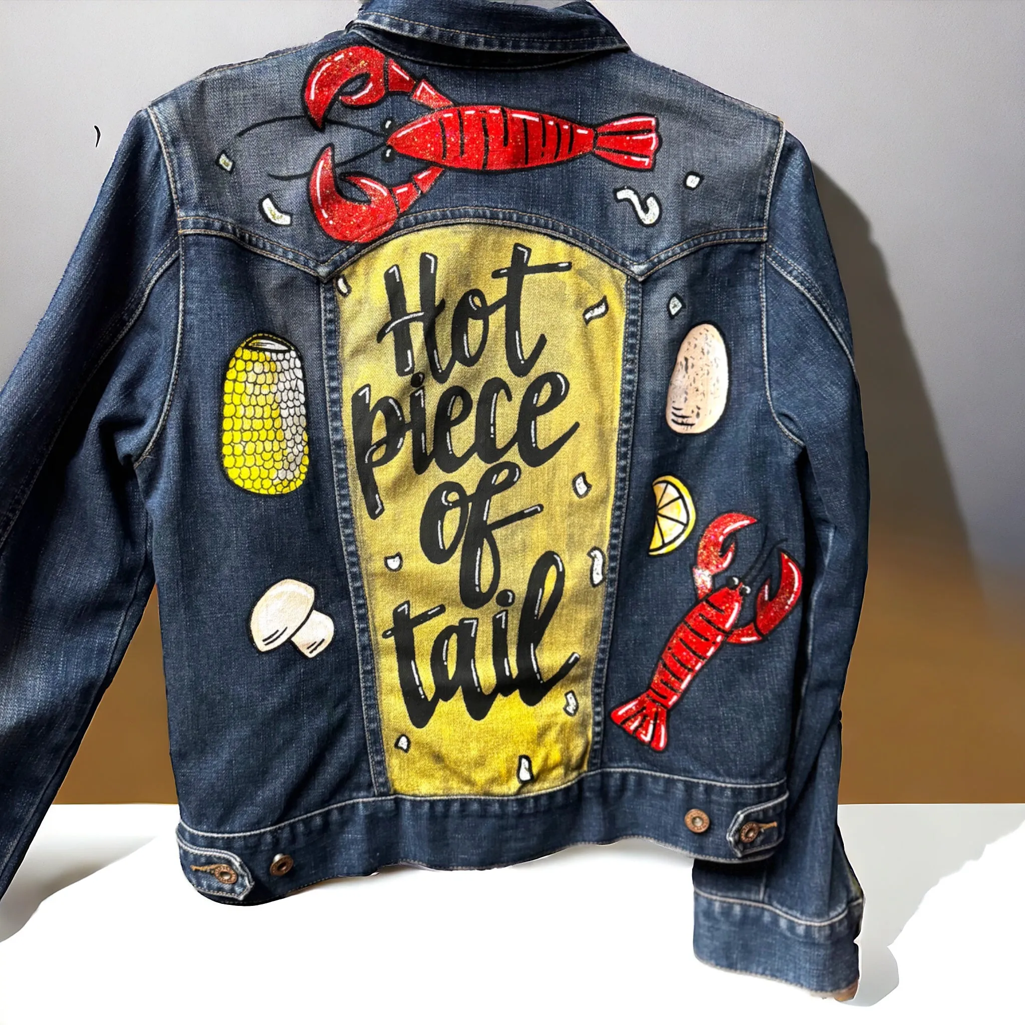 Hand Painted Jean Jacket: “Hot Piece of Tail”  - Cajun Jacket, Crawfish, Mardi Gras, Mardi Gras Jacket, New Orleans, Purple Green Gold, Mardi Gras, Parade Outfit