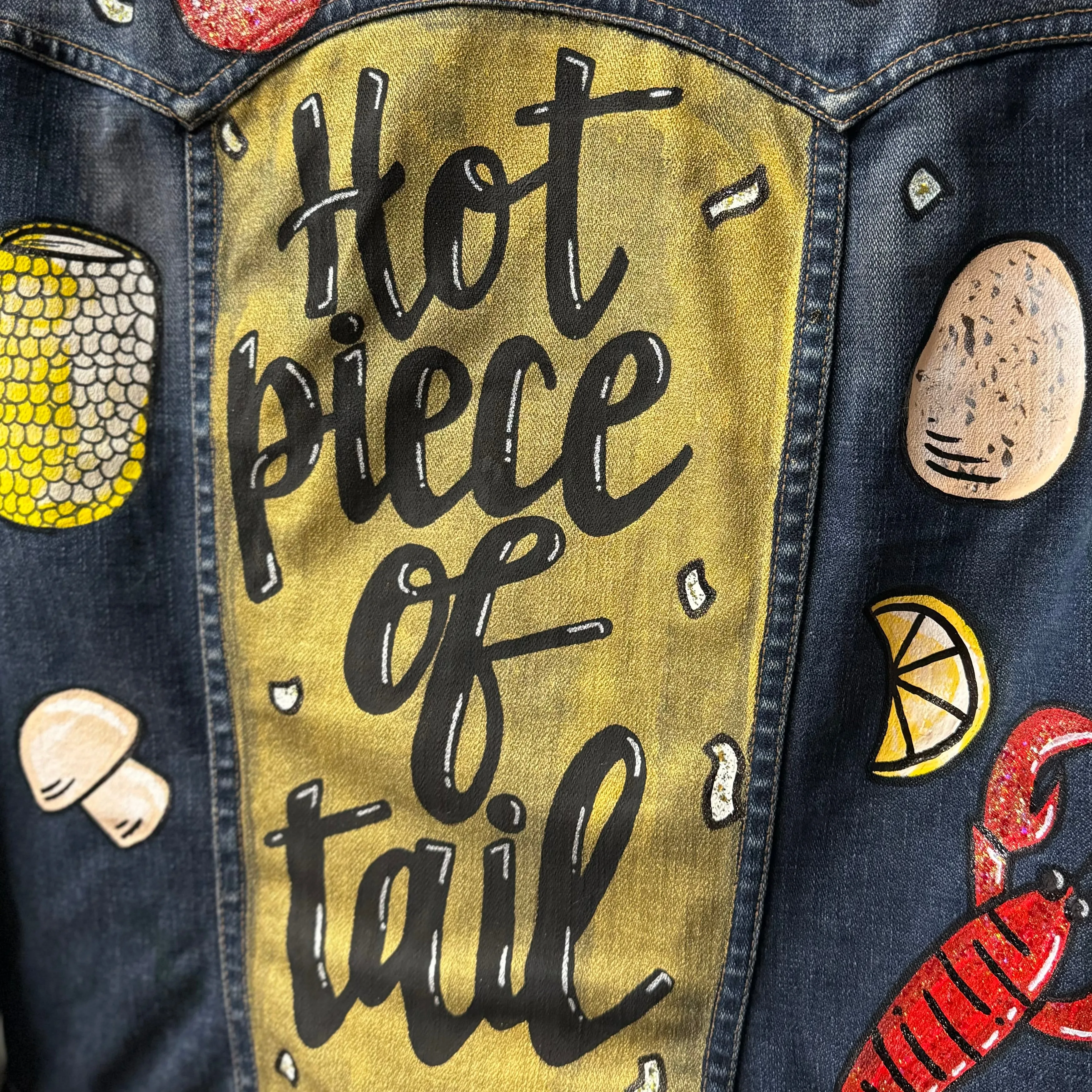 Hand Painted Jean Jacket: “Hot Piece of Tail”  - Cajun Jacket, Crawfish, Mardi Gras, Mardi Gras Jacket, New Orleans, Purple Green Gold, Mardi Gras, Parade Outfit