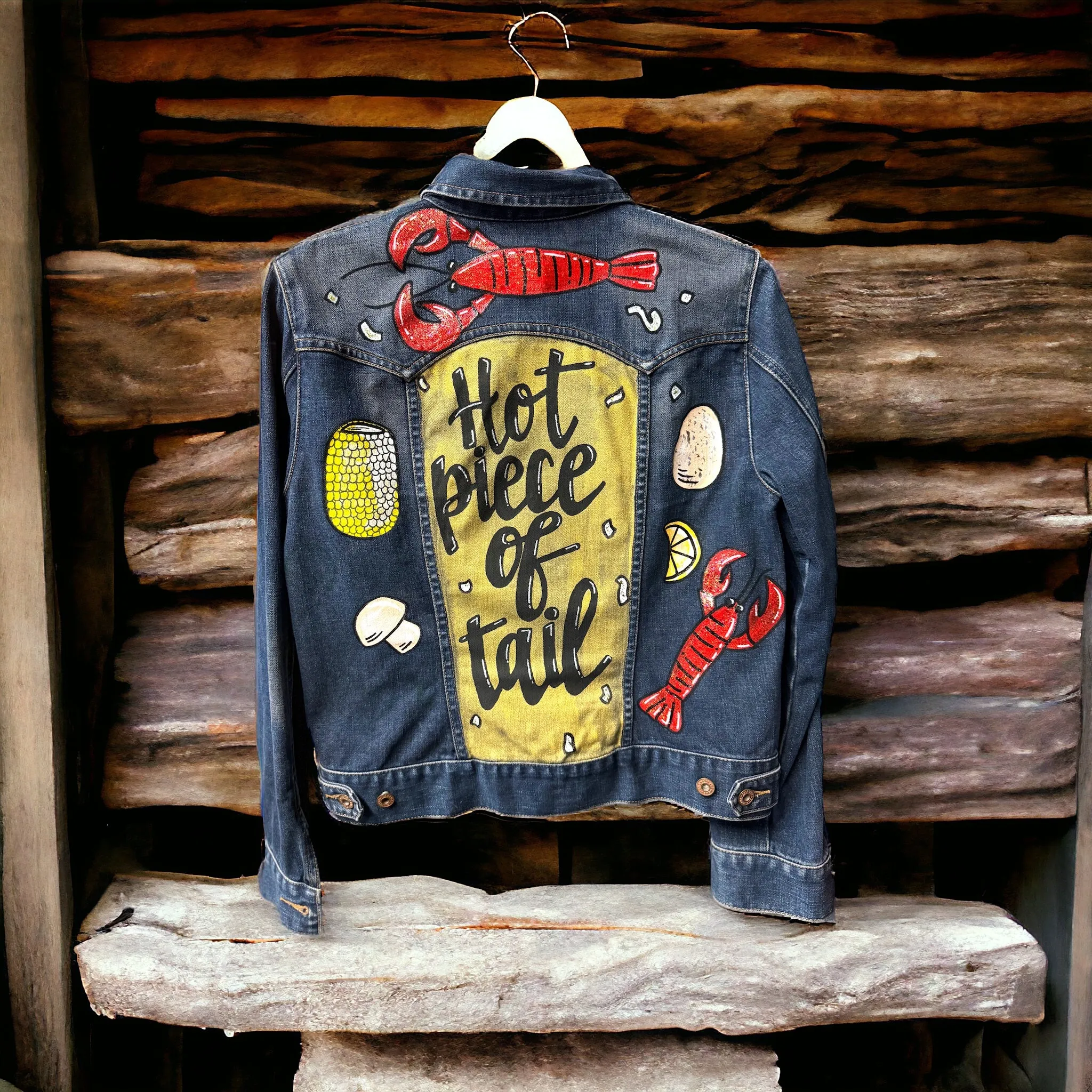 Hand Painted Jean Jacket: “Hot Piece of Tail”  - Cajun Jacket, Crawfish, Mardi Gras, Mardi Gras Jacket, New Orleans, Purple Green Gold, Mardi Gras, Parade Outfit