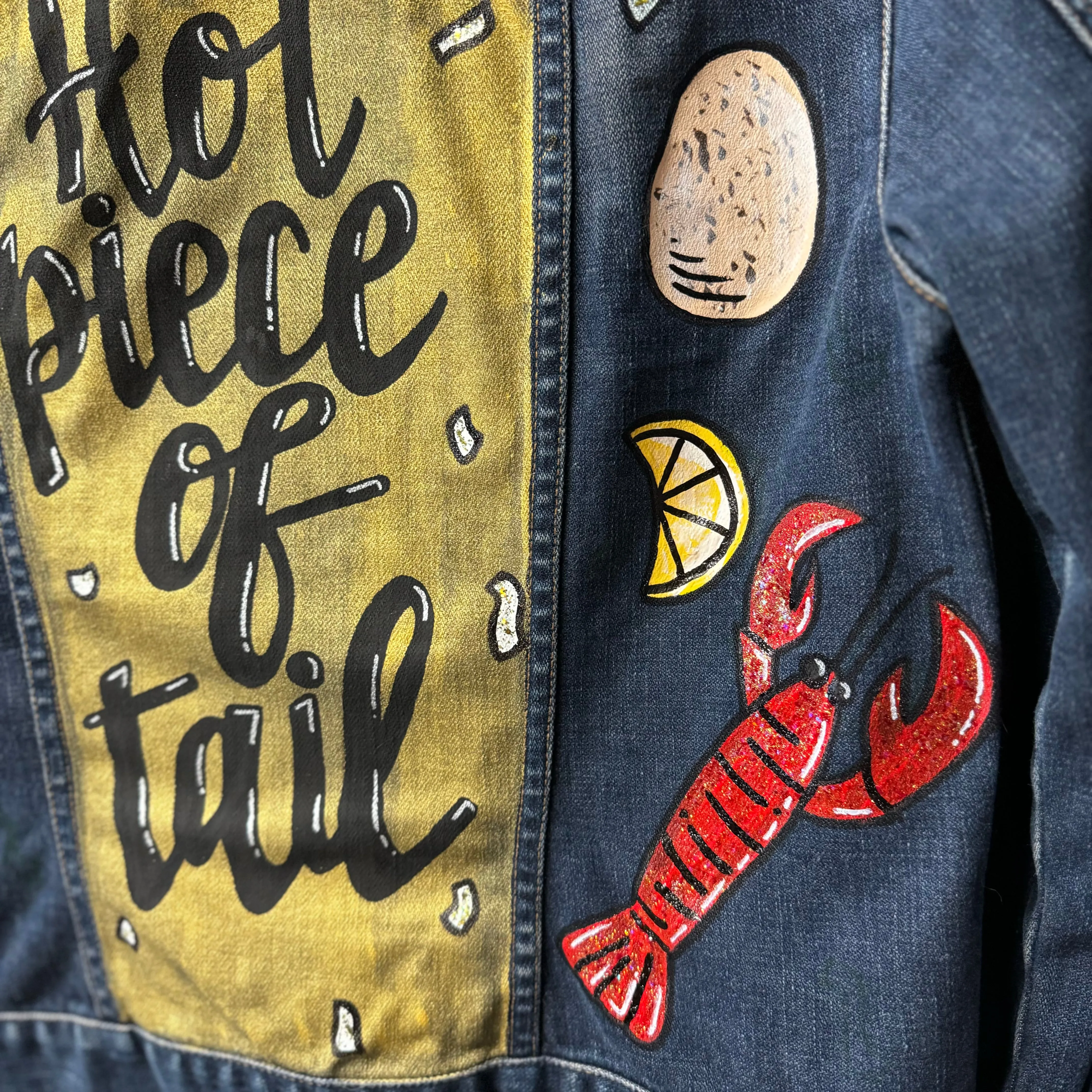Hand Painted Jean Jacket: “Hot Piece of Tail”  - Cajun Jacket, Crawfish, Mardi Gras, Mardi Gras Jacket, New Orleans, Purple Green Gold, Mardi Gras, Parade Outfit