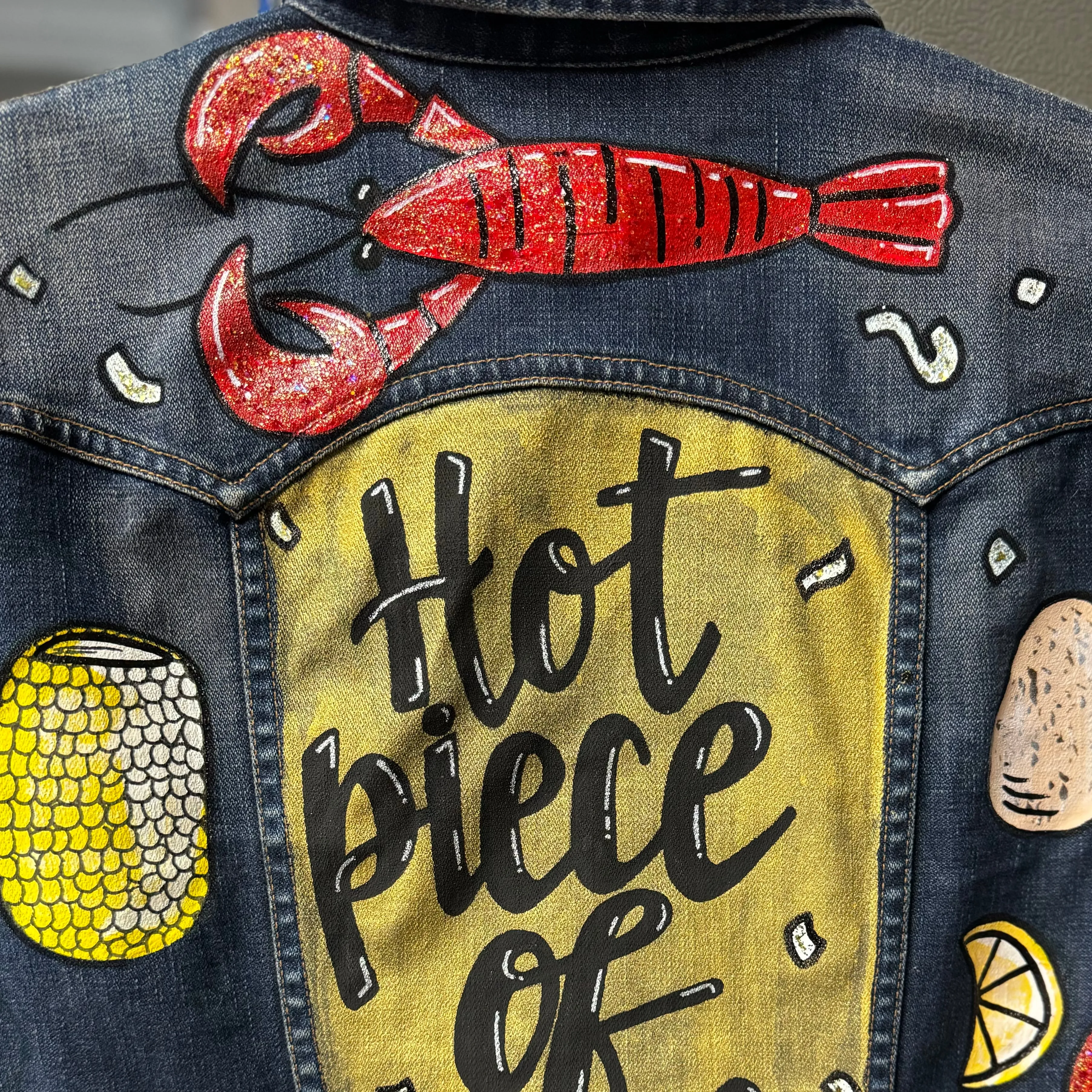 Hand Painted Jean Jacket: “Hot Piece of Tail”  - Cajun Jacket, Crawfish, Mardi Gras, Mardi Gras Jacket, New Orleans, Purple Green Gold, Mardi Gras, Parade Outfit