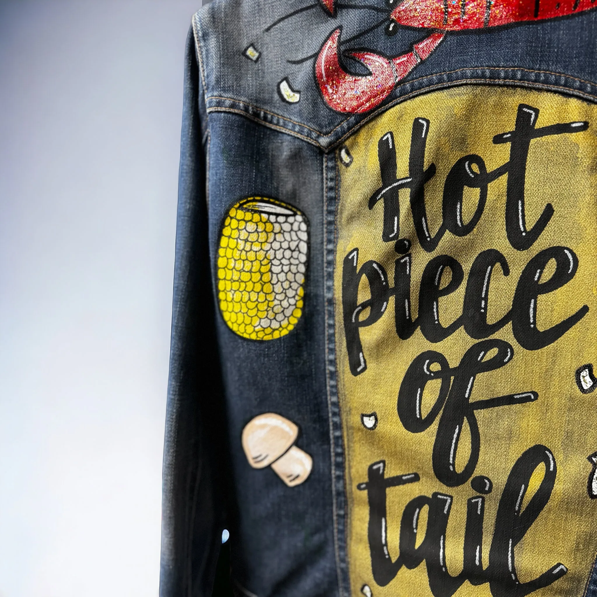 Hand Painted Jean Jacket: “Hot Piece of Tail”  - Cajun Jacket, Crawfish, Mardi Gras, Mardi Gras Jacket, New Orleans, Purple Green Gold, Mardi Gras, Parade Outfit