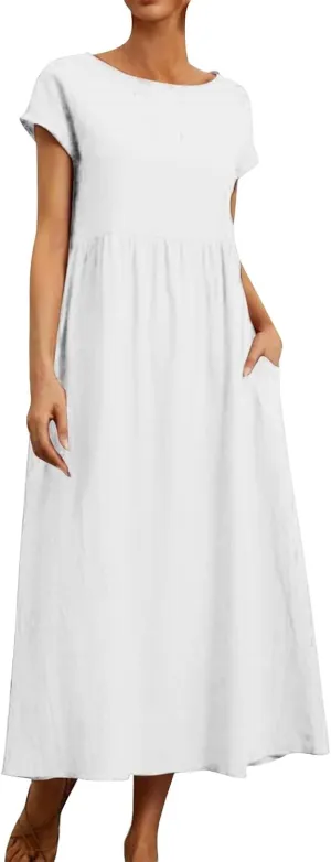 Linen Dresses for Women 2024 Casual Summer Vacation Midi Dress Comfy Loose Fit Smocked Short Sleeve Sun Dresses