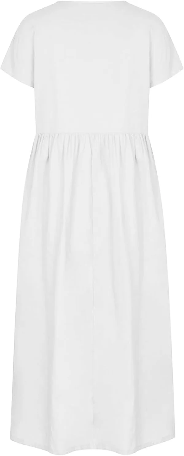 Linen Dresses for Women 2024 Casual Summer Vacation Midi Dress Comfy Loose Fit Smocked Short Sleeve Sun Dresses