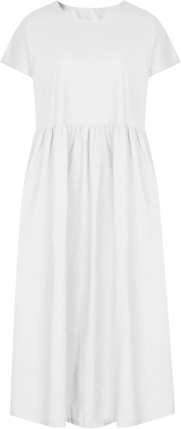 Linen Dresses for Women 2024 Casual Summer Vacation Midi Dress Comfy Loose Fit Smocked Short Sleeve Sun Dresses