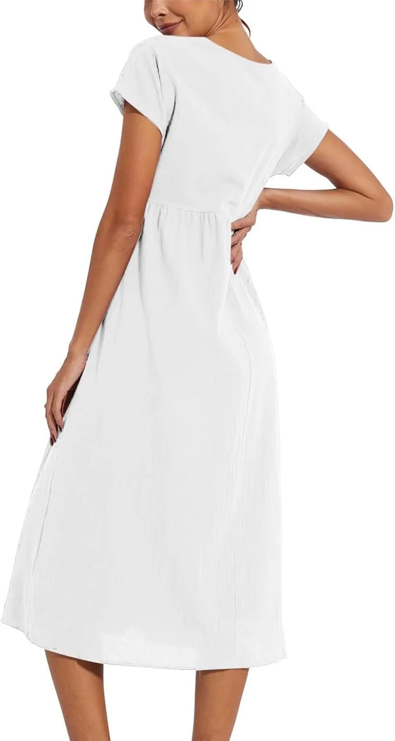 Linen Dresses for Women 2024 Casual Summer Vacation Midi Dress Comfy Loose Fit Smocked Short Sleeve Sun Dresses