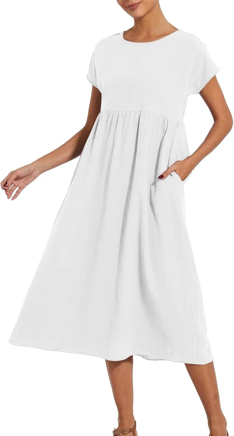 Linen Dresses for Women 2024 Casual Summer Vacation Midi Dress Comfy Loose Fit Smocked Short Sleeve Sun Dresses