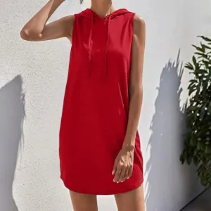 Loose Summer Colours Casual Solid Fashion Sleeveless Hooded Sweatshirt Dress