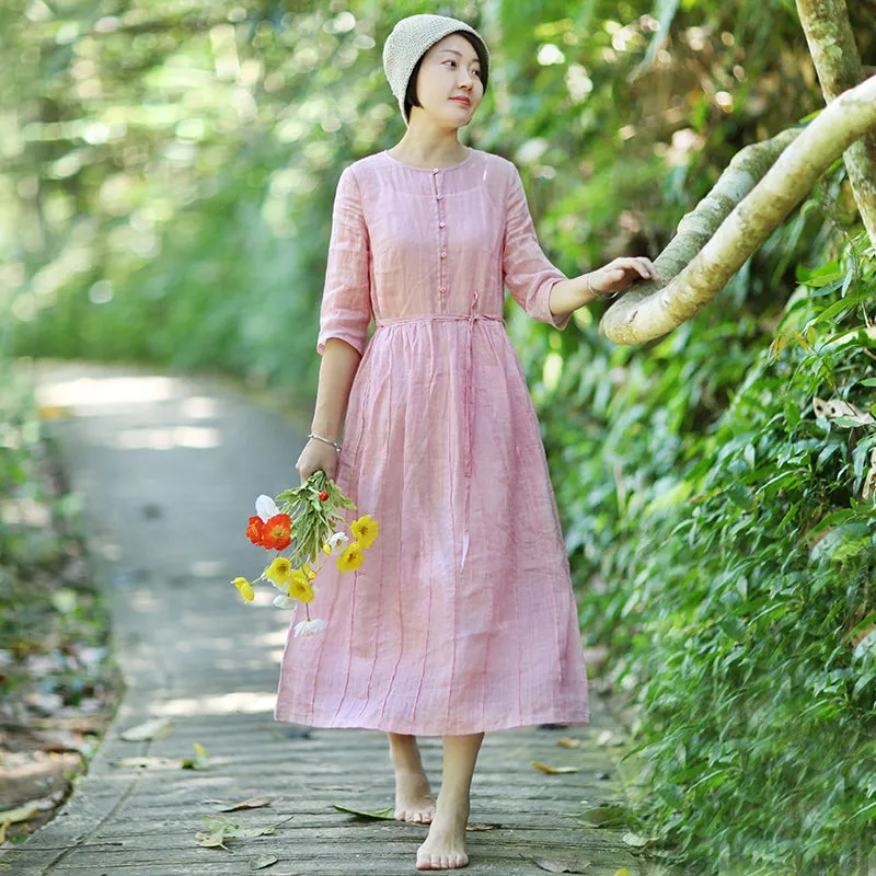 Pink Linen Women Dresses Summer Women Dresses WC961801
