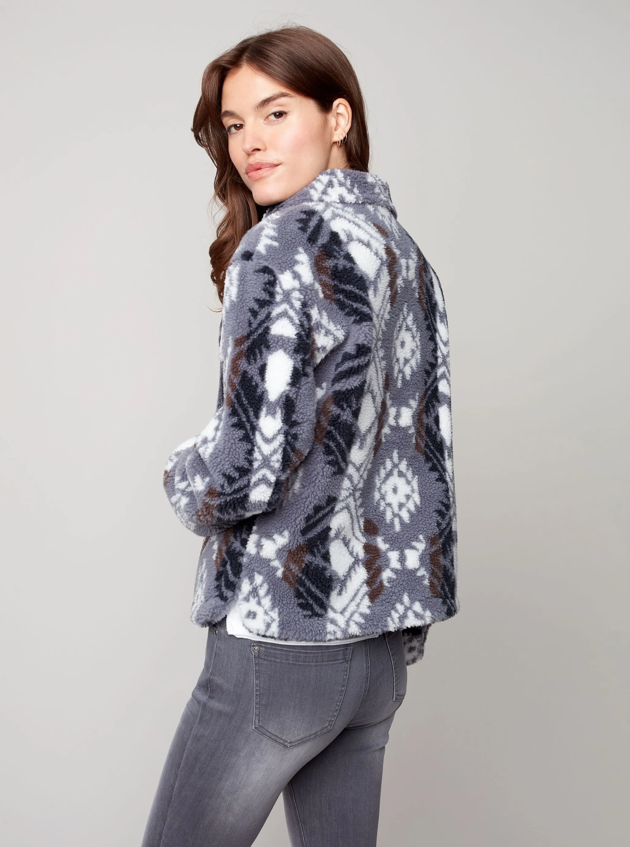 Printed Sherpa Button Front Short Knit Jacket [Charcoal-C6227]