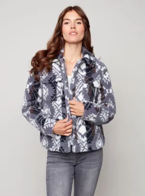 Printed Sherpa Button Front Short Knit Jacket [Charcoal-C6227]