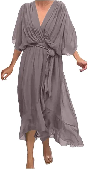 Rvidbe Summer Casual Warp Flowy Maxi Dresses for Women V Neck Bat Sleeve Lace Up Long Beach Dress Plus Size Formal Dress