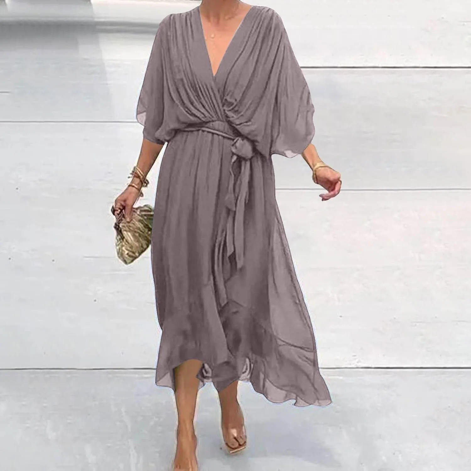 Rvidbe Summer Casual Warp Flowy Maxi Dresses for Women V Neck Bat Sleeve Lace Up Long Beach Dress Plus Size Formal Dress