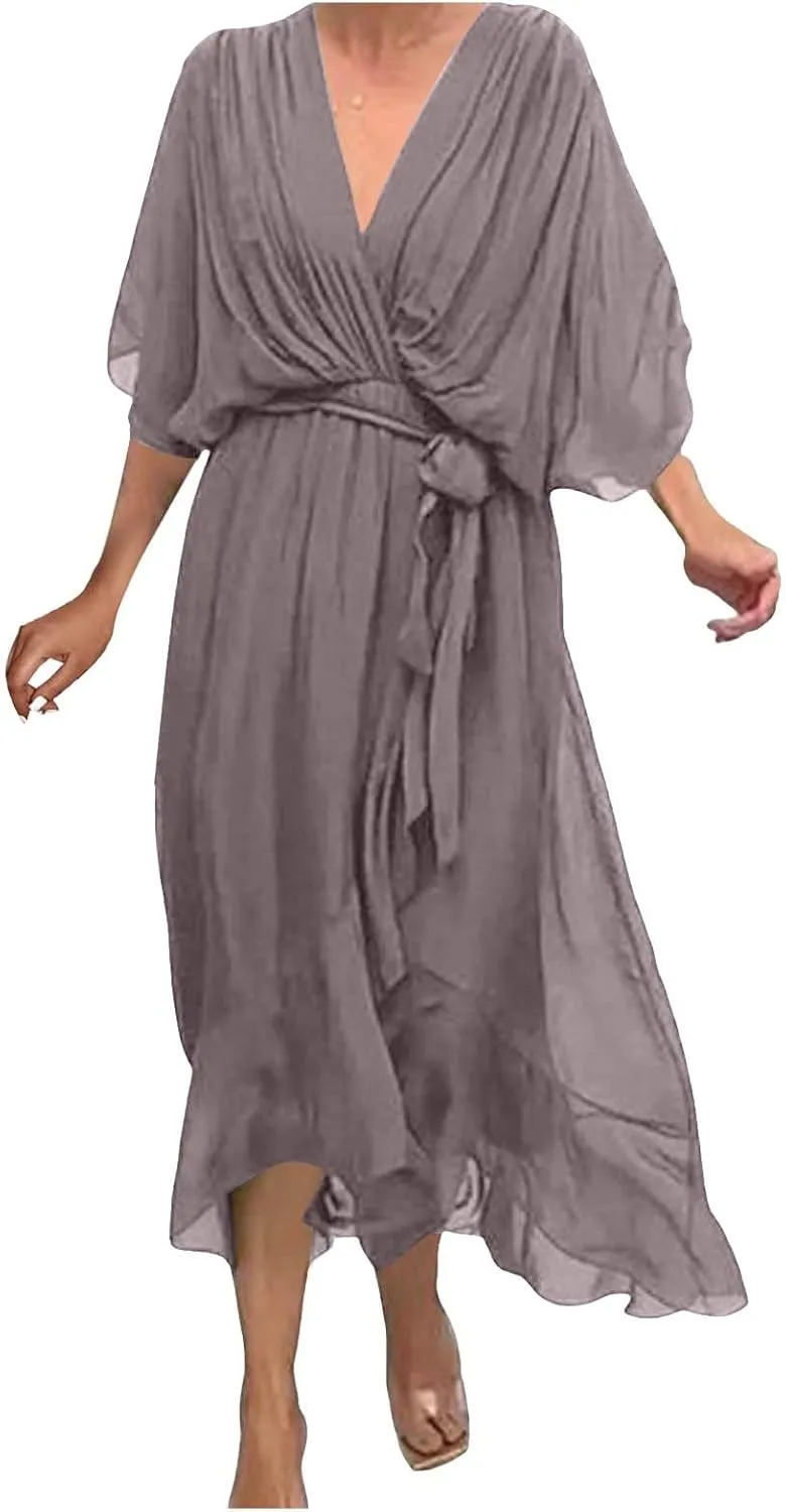 Rvidbe Summer Casual Warp Flowy Maxi Dresses for Women V Neck Bat Sleeve Lace Up Long Beach Dress Plus Size Formal Dress