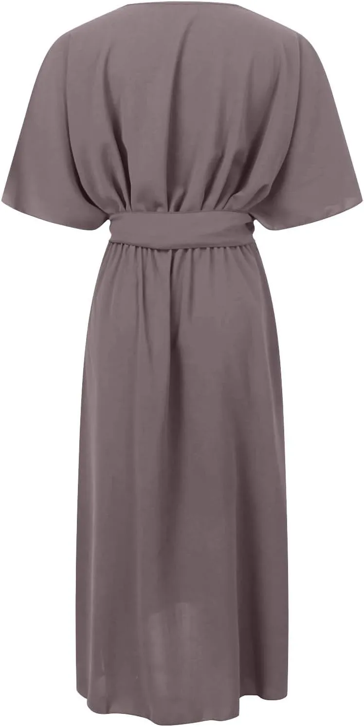 Rvidbe Summer Casual Warp Flowy Maxi Dresses for Women V Neck Bat Sleeve Lace Up Long Beach Dress Plus Size Formal Dress