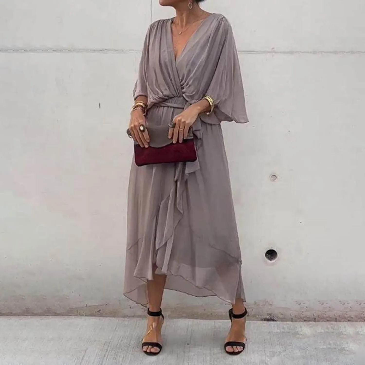 Rvidbe Summer Casual Warp Flowy Maxi Dresses for Women V Neck Bat Sleeve Lace Up Long Beach Dress Plus Size Formal Dress