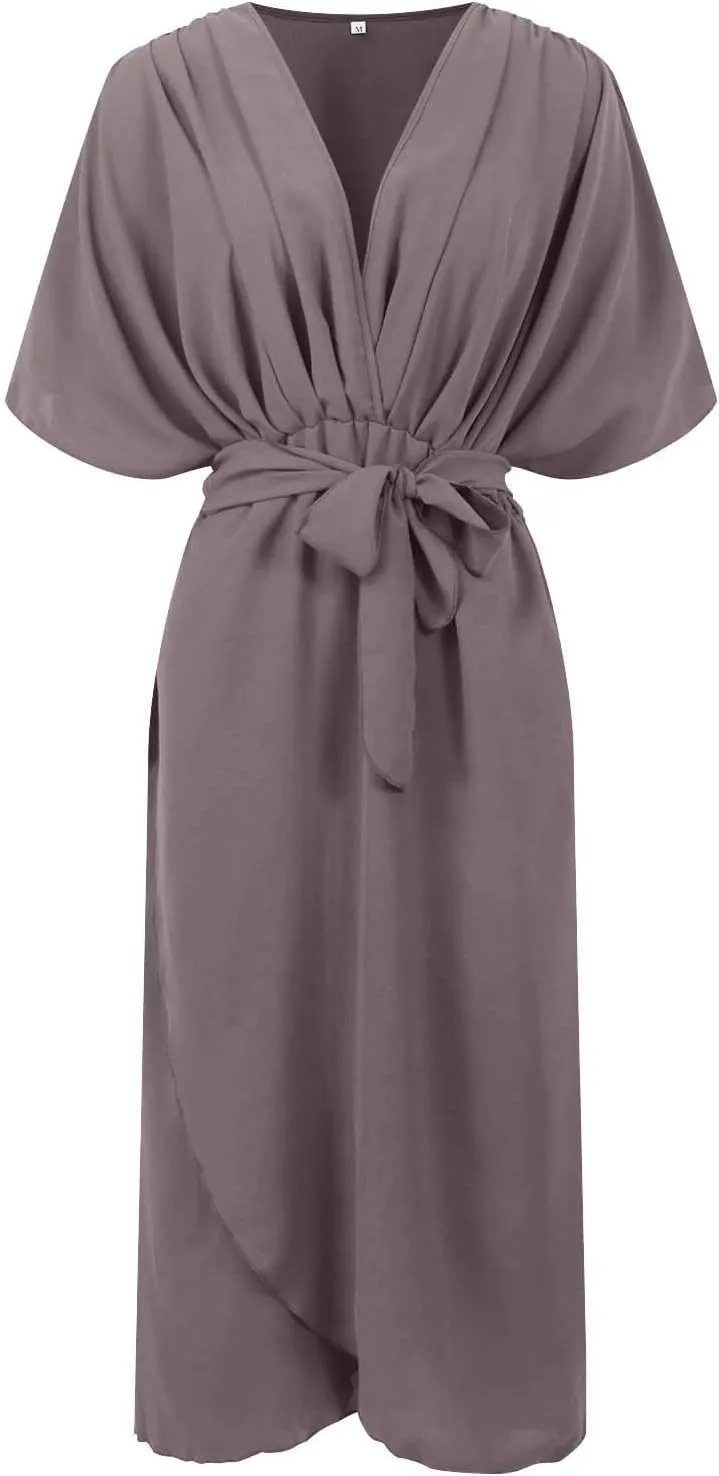 Rvidbe Summer Casual Warp Flowy Maxi Dresses for Women V Neck Bat Sleeve Lace Up Long Beach Dress Plus Size Formal Dress