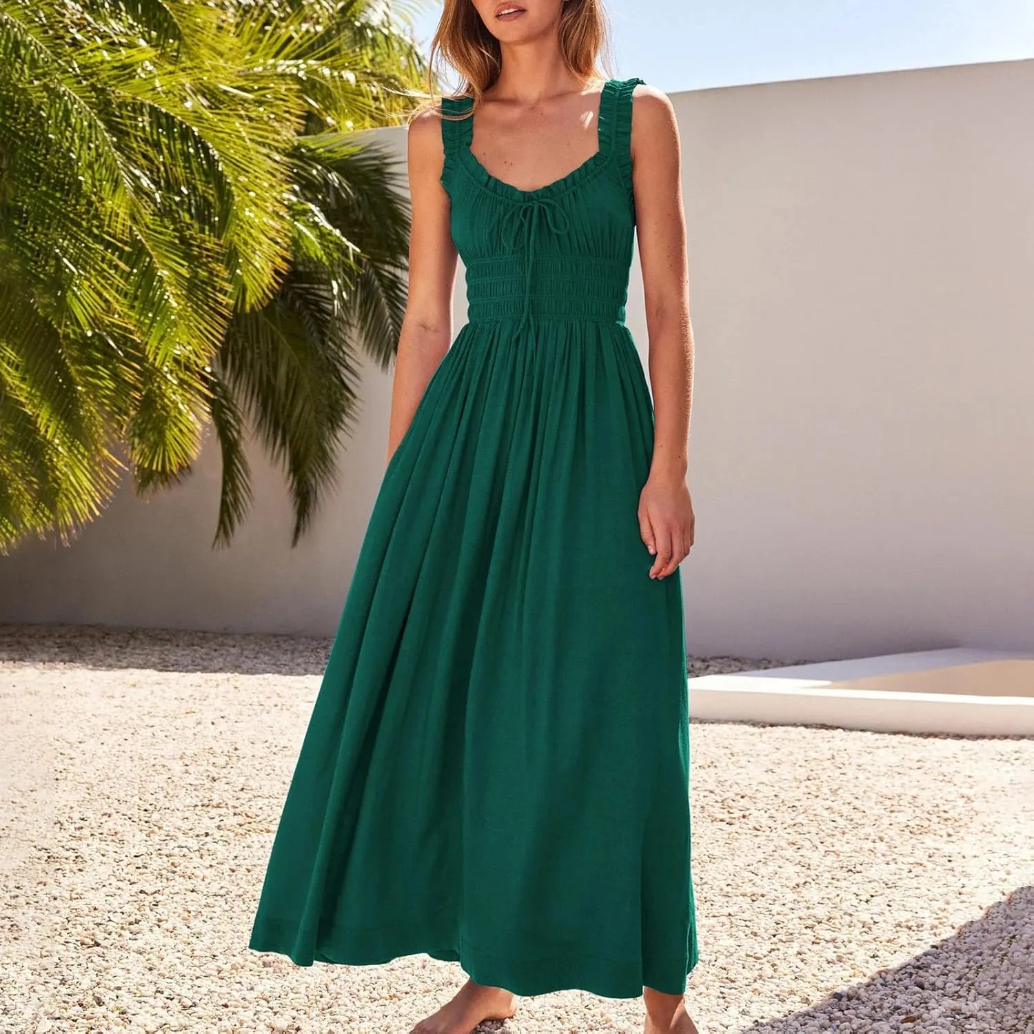 Summer Dresses for Women 2024 Smocked A Line Maxi Dress Sleeveless High Waist Beach Sun Dresses Flowy Milkmaid Dress