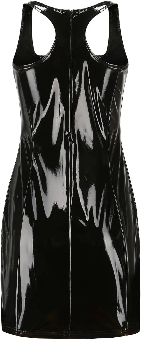 Womens Ribbed Scoop Neck Sleeveless Tank Dresses Basic Bodycon Mini Dress Leather Skirt Tight Dresses Party Club Sexy Dresses