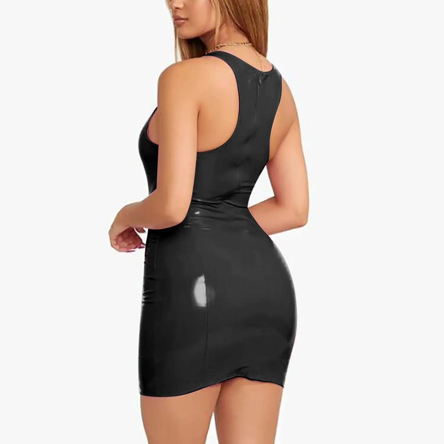 Womens Ribbed Scoop Neck Sleeveless Tank Dresses Basic Bodycon Mini Dress Leather Skirt Tight Dresses Party Club Sexy Dresses