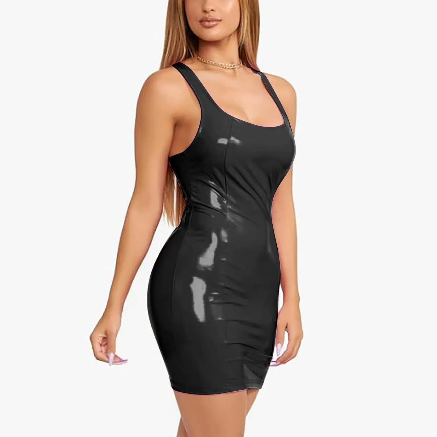 Womens Ribbed Scoop Neck Sleeveless Tank Dresses Basic Bodycon Mini Dress Leather Skirt Tight Dresses Party Club Sexy Dresses