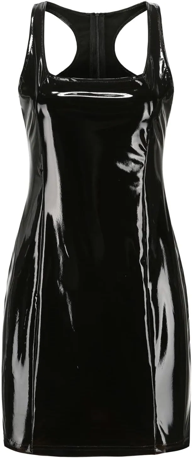Womens Ribbed Scoop Neck Sleeveless Tank Dresses Basic Bodycon Mini Dress Leather Skirt Tight Dresses Party Club Sexy Dresses