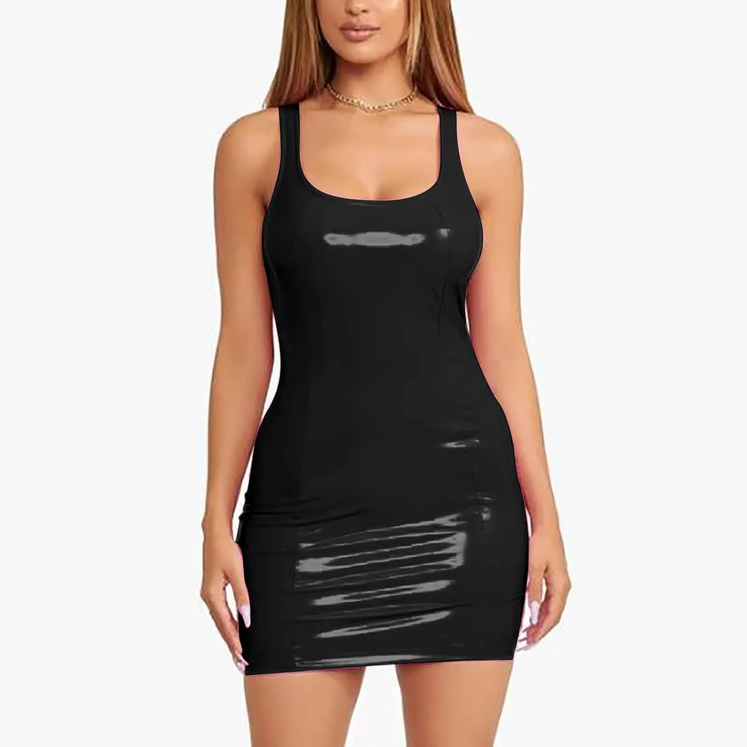 Womens Ribbed Scoop Neck Sleeveless Tank Dresses Basic Bodycon Mini Dress Leather Skirt Tight Dresses Party Club Sexy Dresses