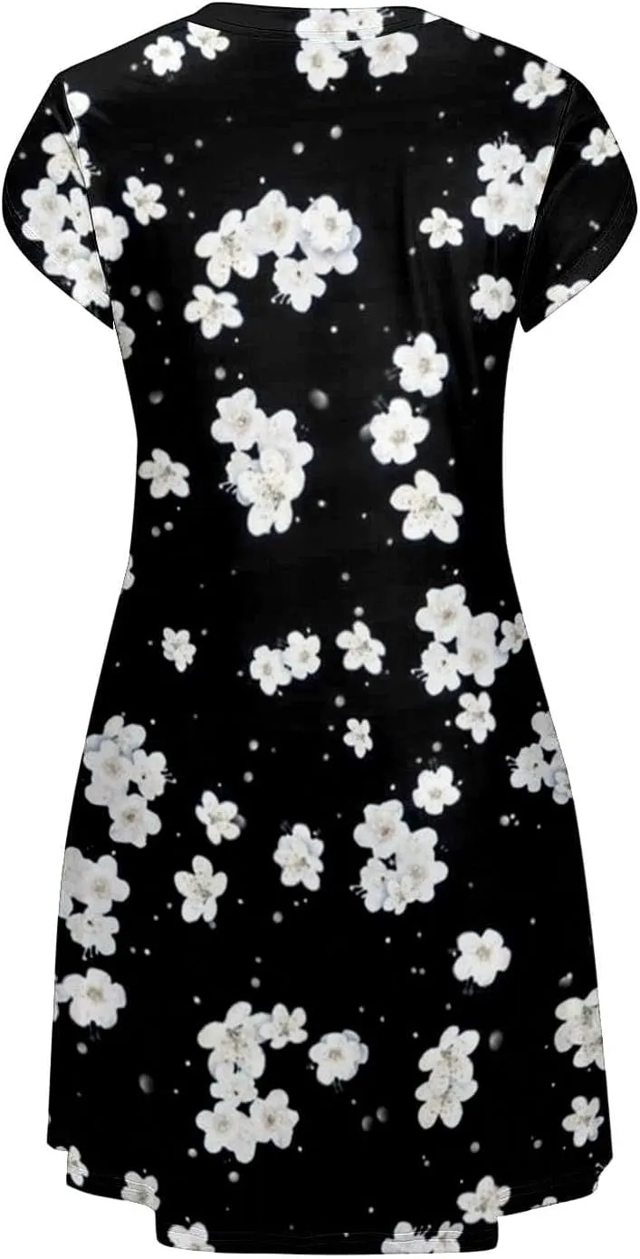 Womens Summer Dresses 2025 V Neck Short Sleeve Floral Graphic Sundresses Cute Loose Casual Midi Dress with Pockets