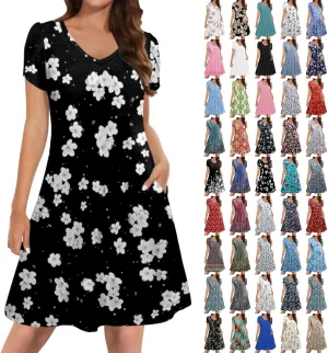 Womens Summer Dresses 2025 V Neck Short Sleeve Floral Graphic Sundresses Cute Loose Casual Midi Dress with Pockets